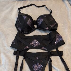 Victoria's Secret Black and Purple Strap Lingerie Set